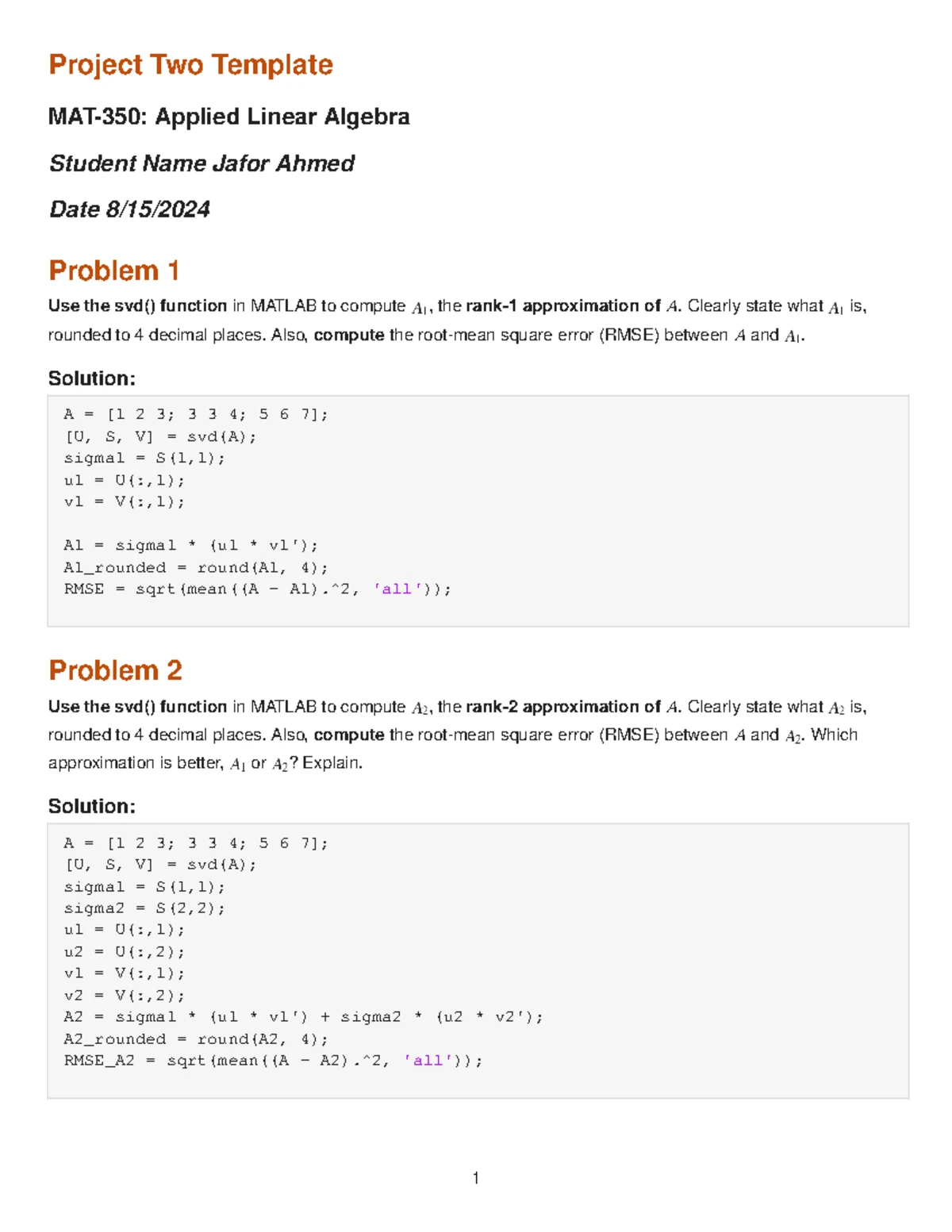MAT350: Project One on Matrix Theory in Linear Equations - Studocu