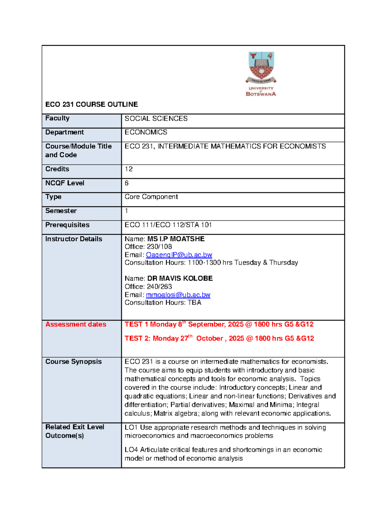 ECO 231 Intermediate Mathematics for Economists Course Outline 2025 ...