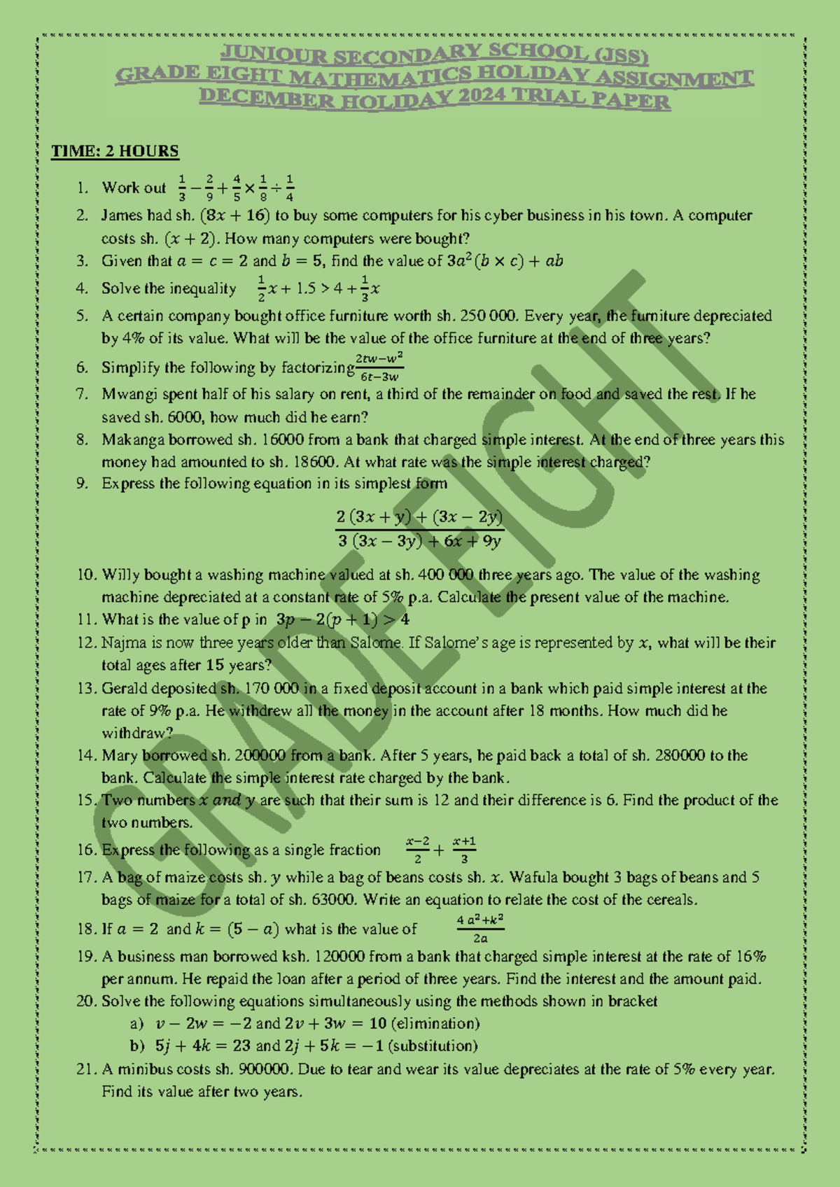 Grade 8 Math Holiday Assignment: Problem Solving & Equations - Studocu
