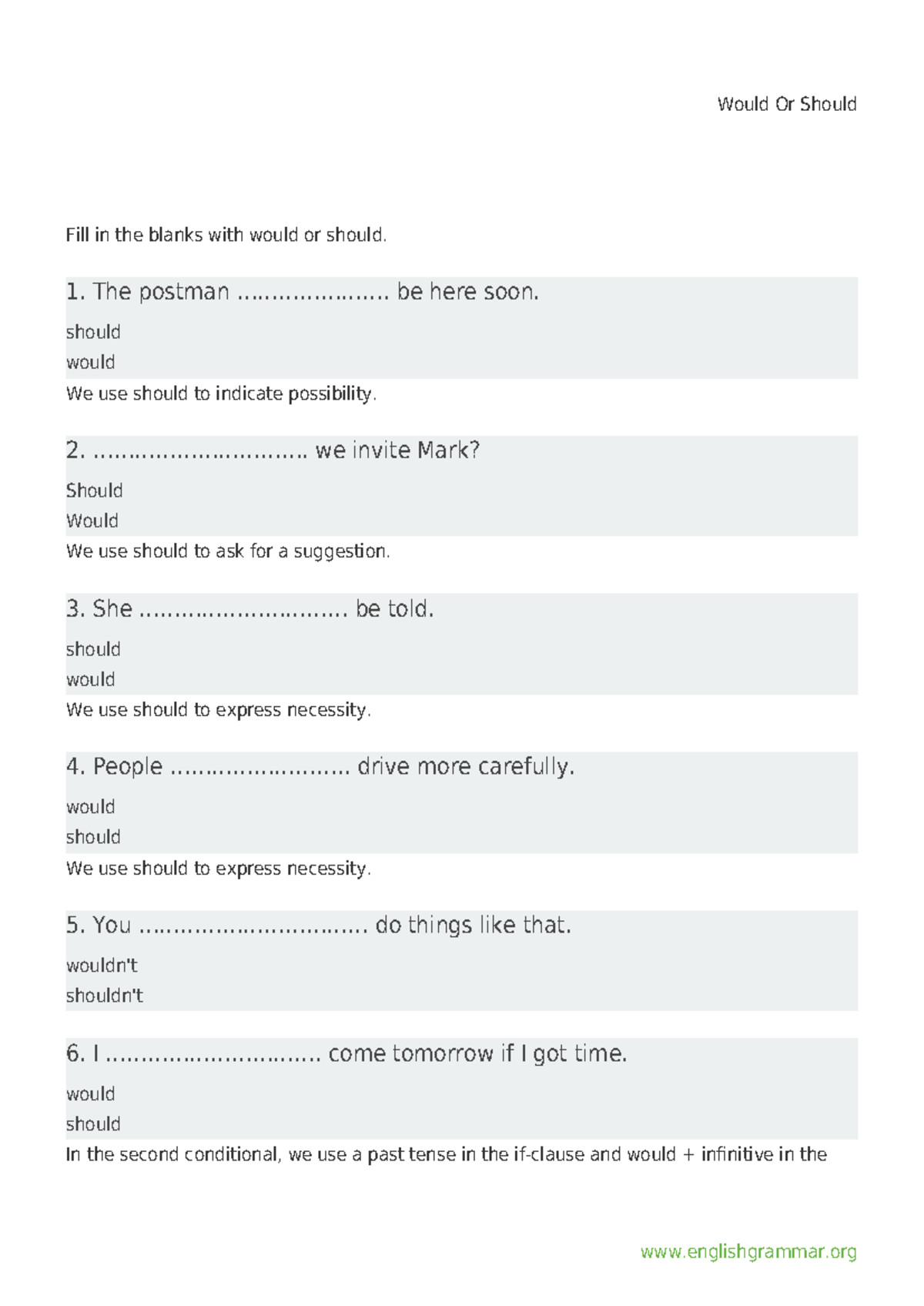 Would or should fill in the blanks exercise - English - Studocu