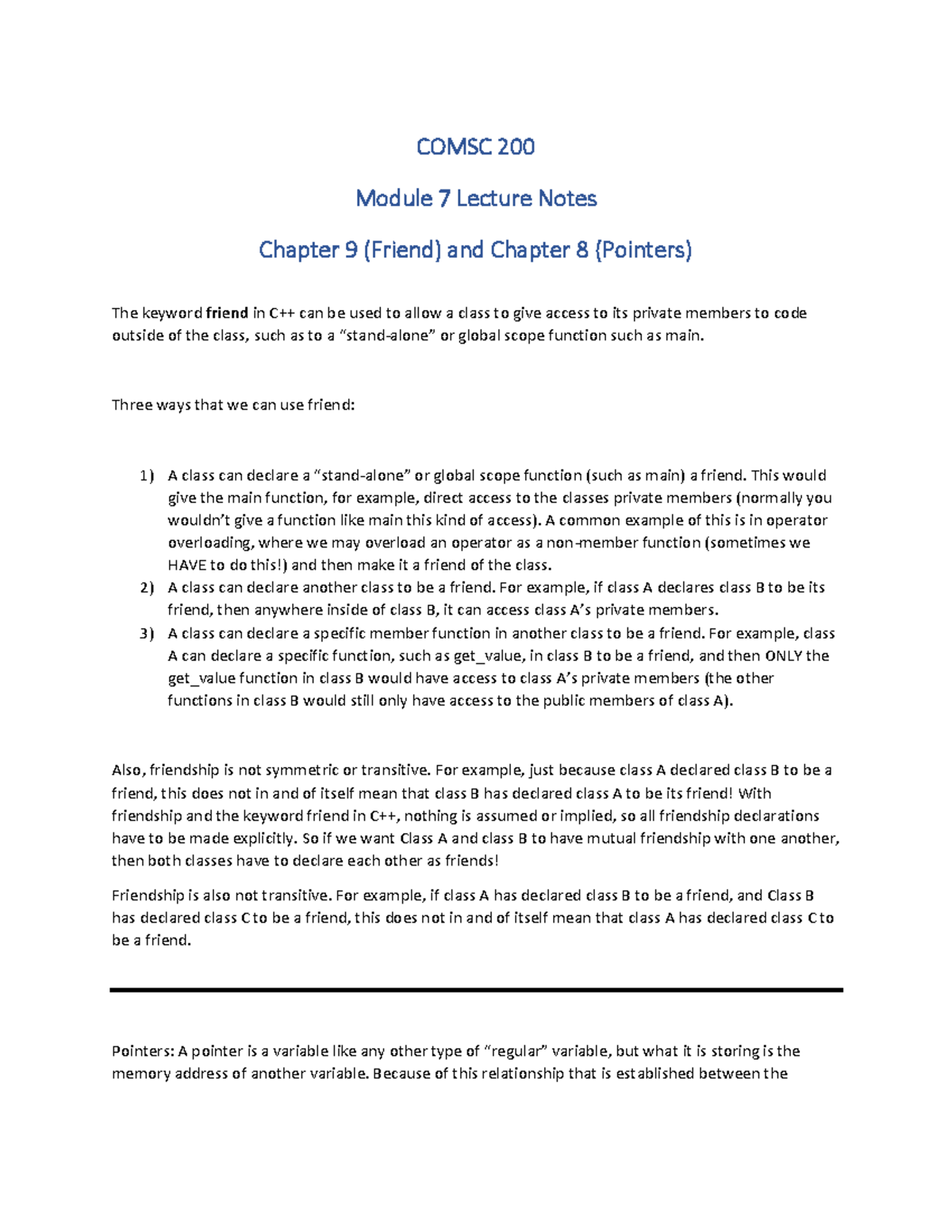 COMSC 200: Lecture Notes on Chapter 8 (Pointers) & Chapter 9 (Friend ...