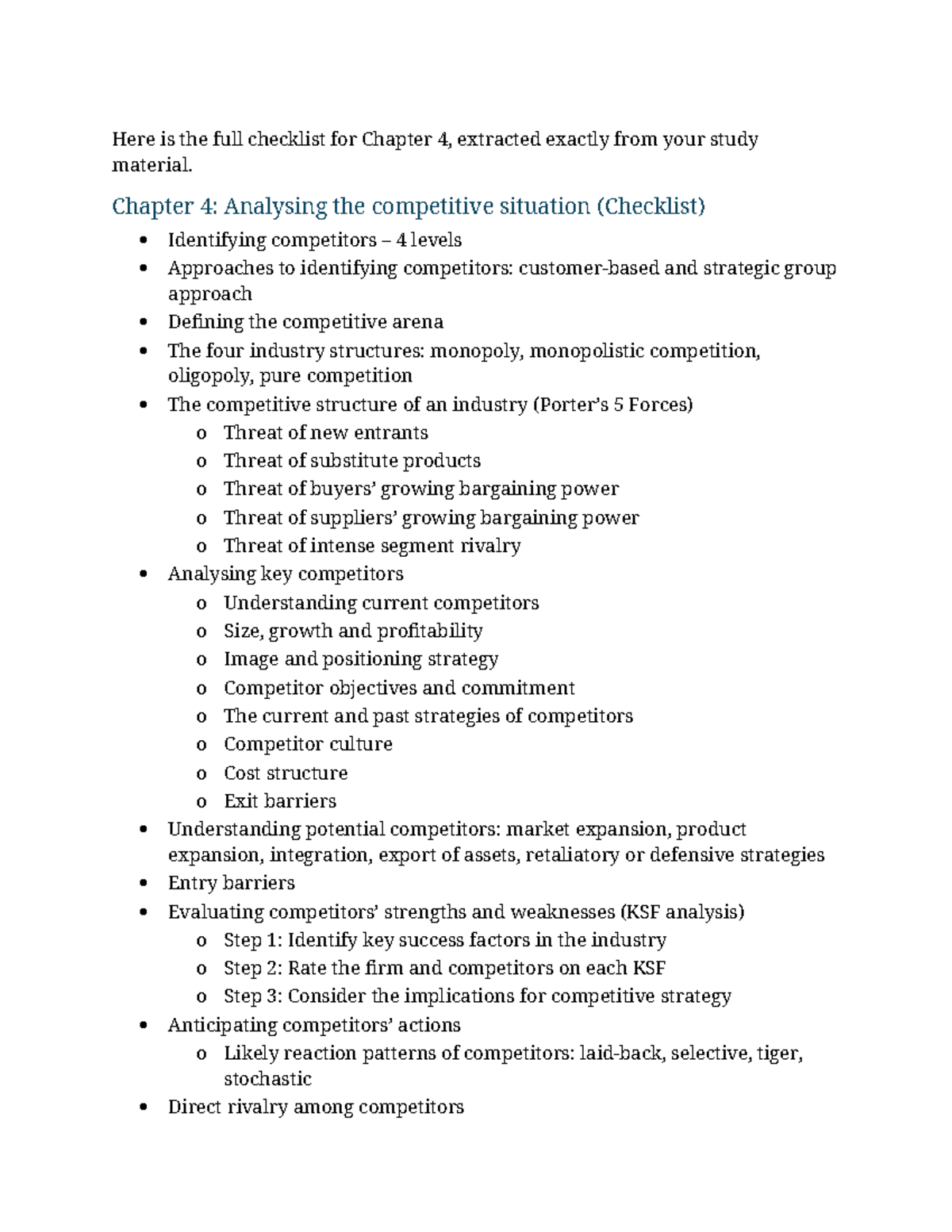 Chapter 4 - Competitive Analysis Checklist and Study Notes - Studocu