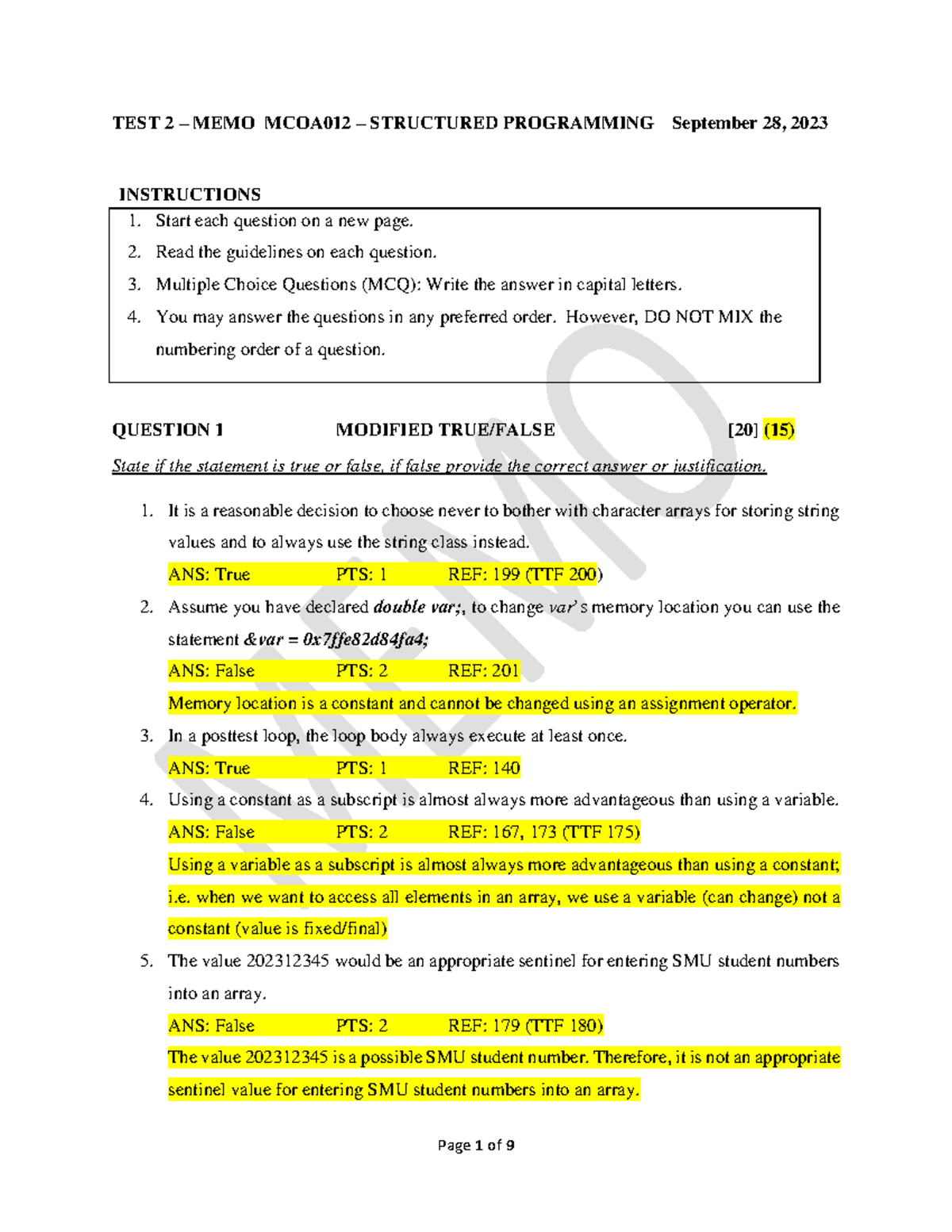 Test 2 Memo - Practice Test Questions MCOA012 - Structured Programming ...