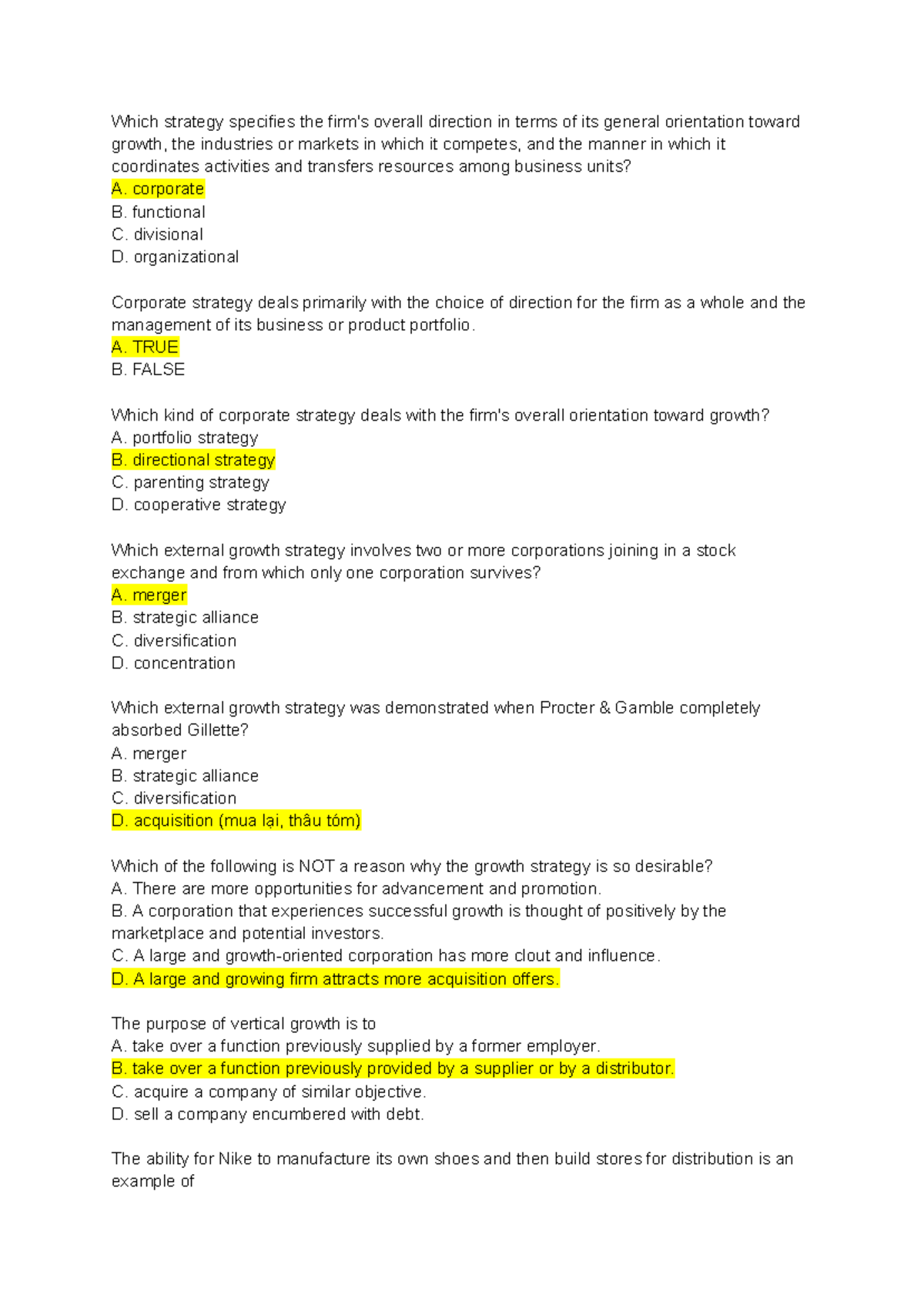 Test bank chapter 5 - Test bank 1 - Which strategy specifies the firm's ...