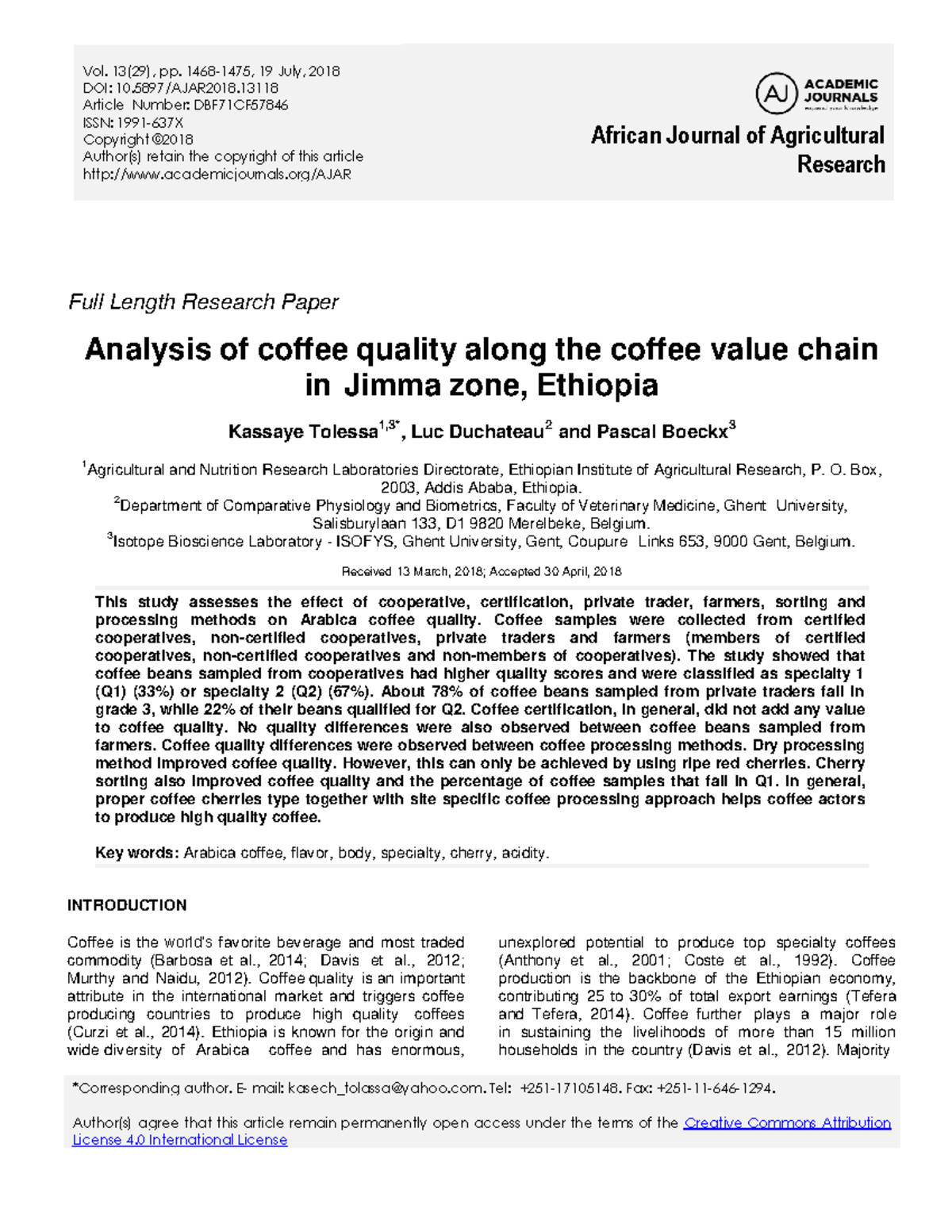 Analysis of Coffee Quality in Jimma Zone, Ethiopia: Value Chain ...