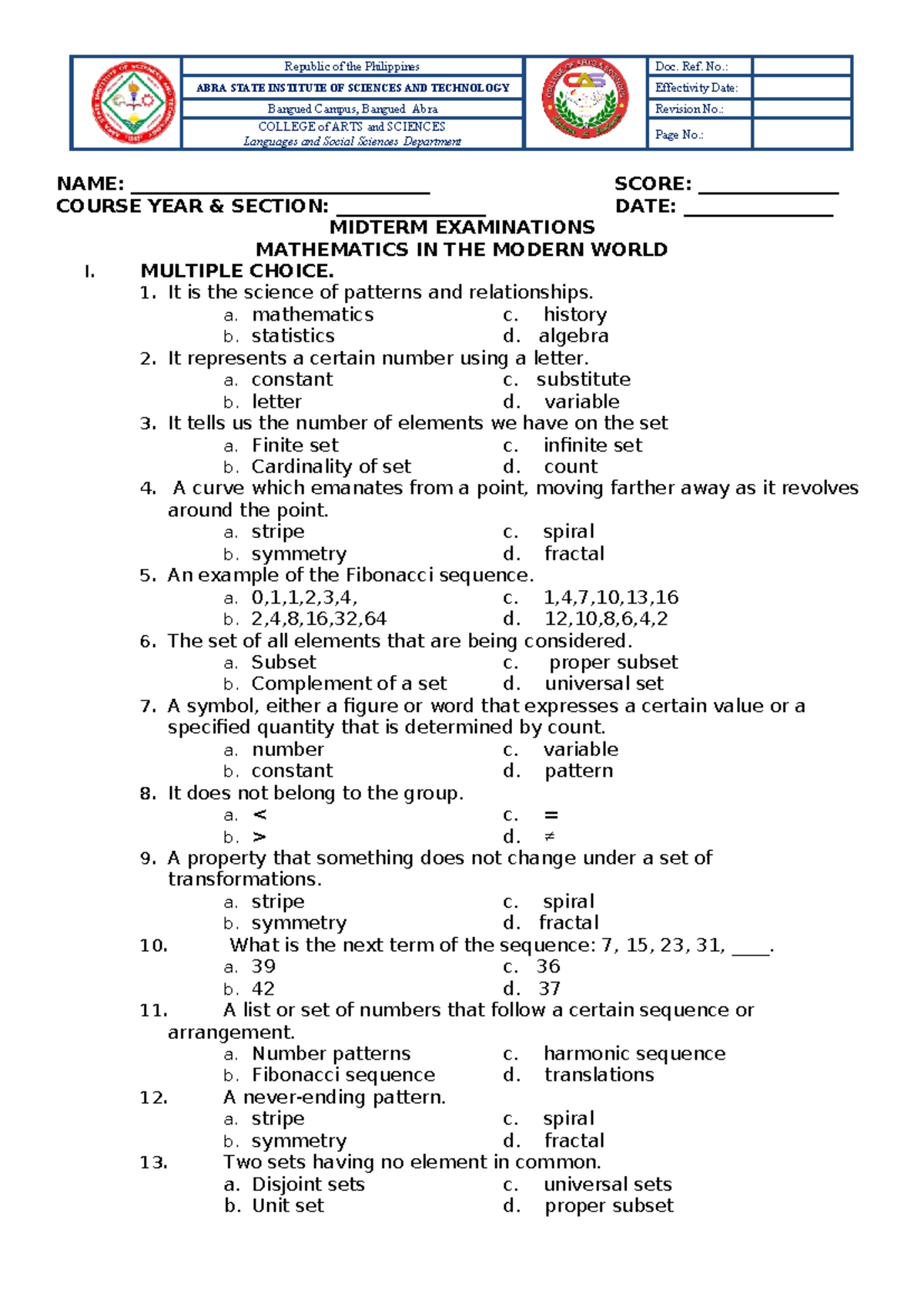 511109364 Midterm Exam: Mathematics in the Modern World - Studocu