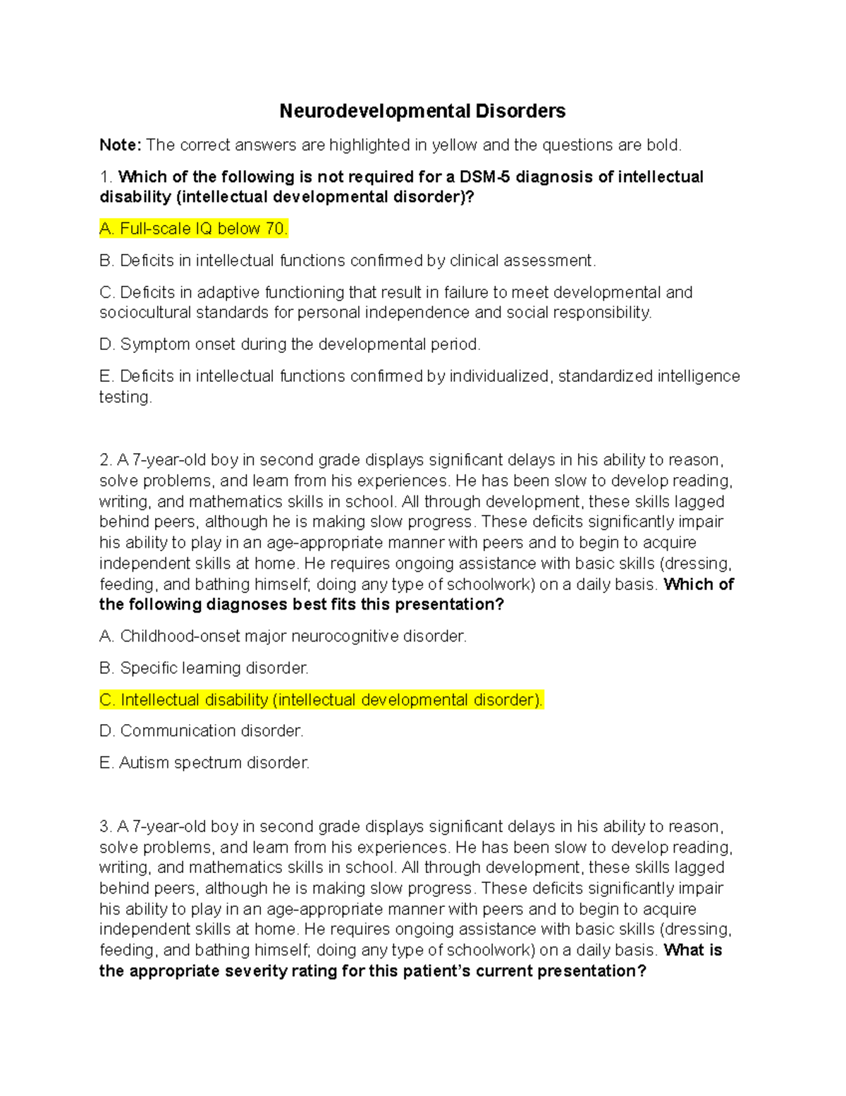 Test Questions for Midterm on Neurodevelopmental Disorders - DSM5 - Studocu
