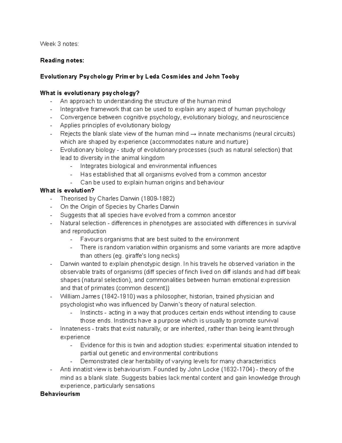 BESC1182 Evolutionary Psychology Week 3 Lecture Notes - Studocu