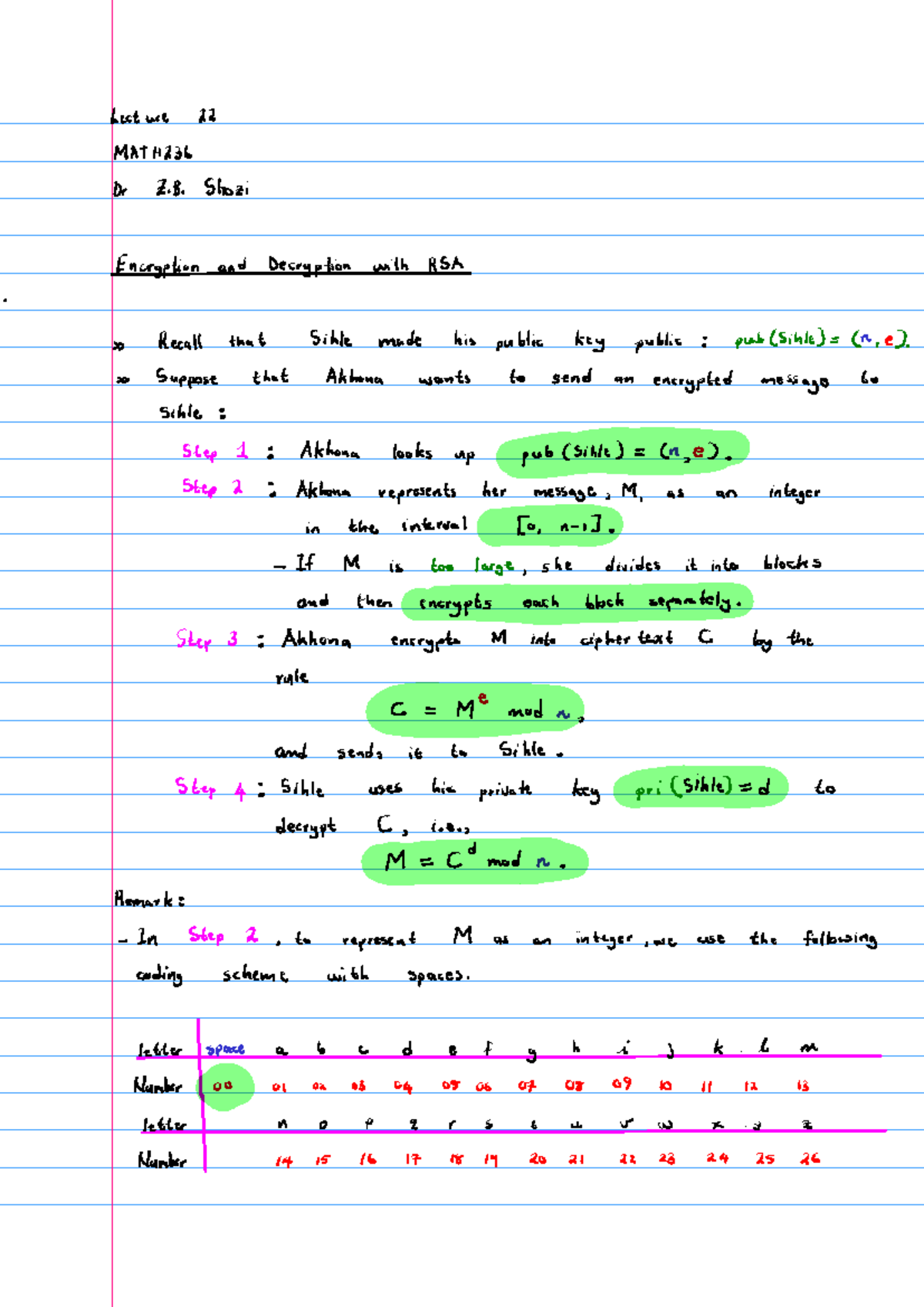 Lecture 22 Notes on RSA Encryption and Message Transmission - Studocu