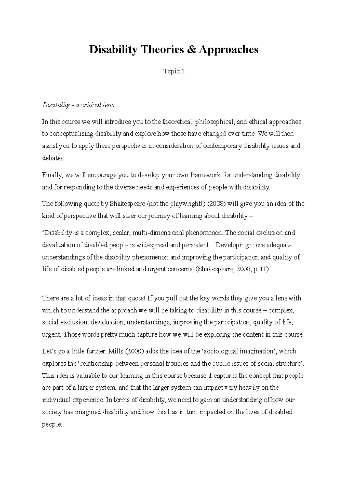Disability Theories: Topic 1 - Understanding Disability Perspectives ...