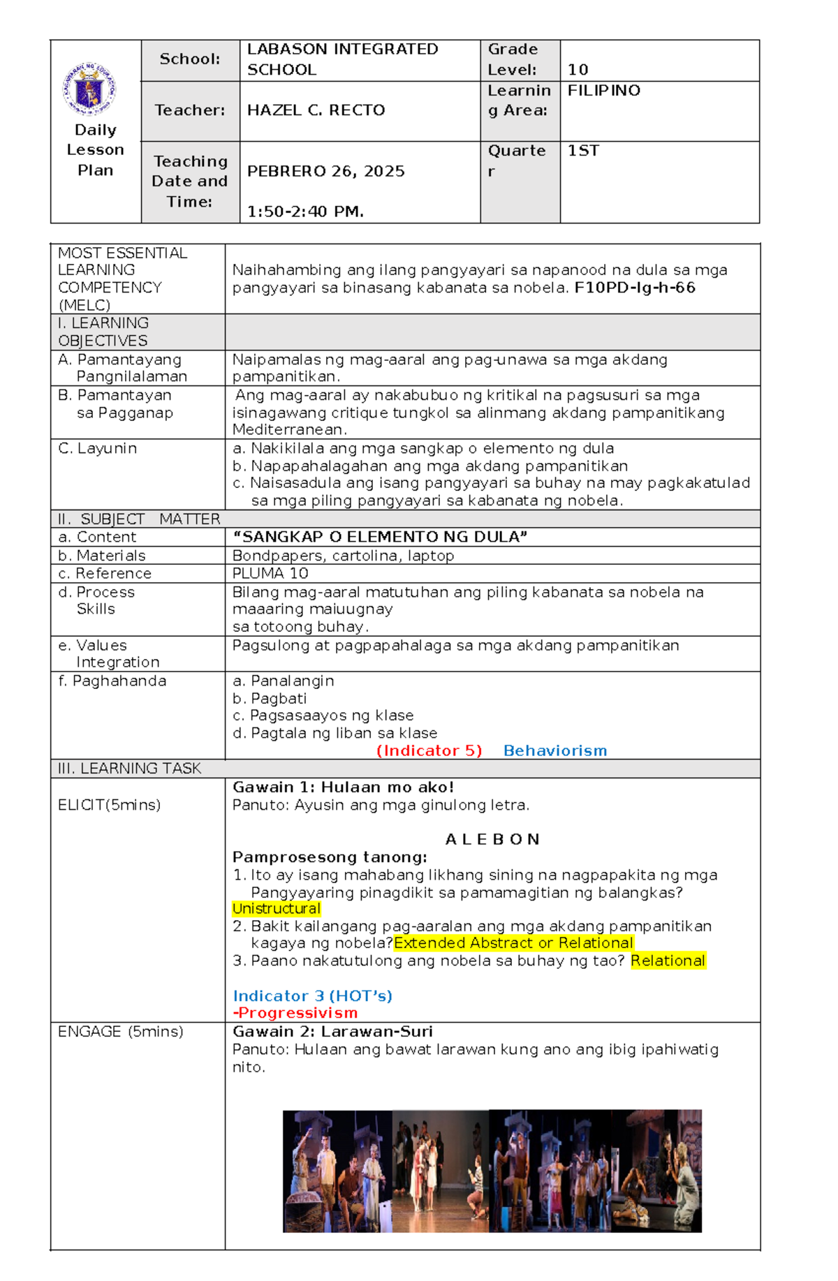 7E's Lesson Plan - Filipino Grade 10 Daily Activities and Assessment ...