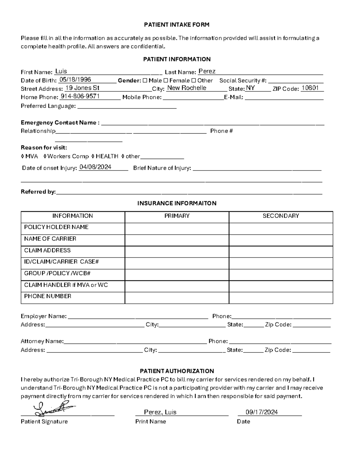 TBM Intake form for new patients that need signature - PATIENT INTAKE ...