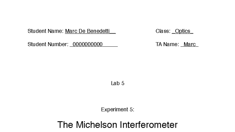 Lab 5: Michelson Interferometer Experiment - Optics (Optics 101) - Studocu