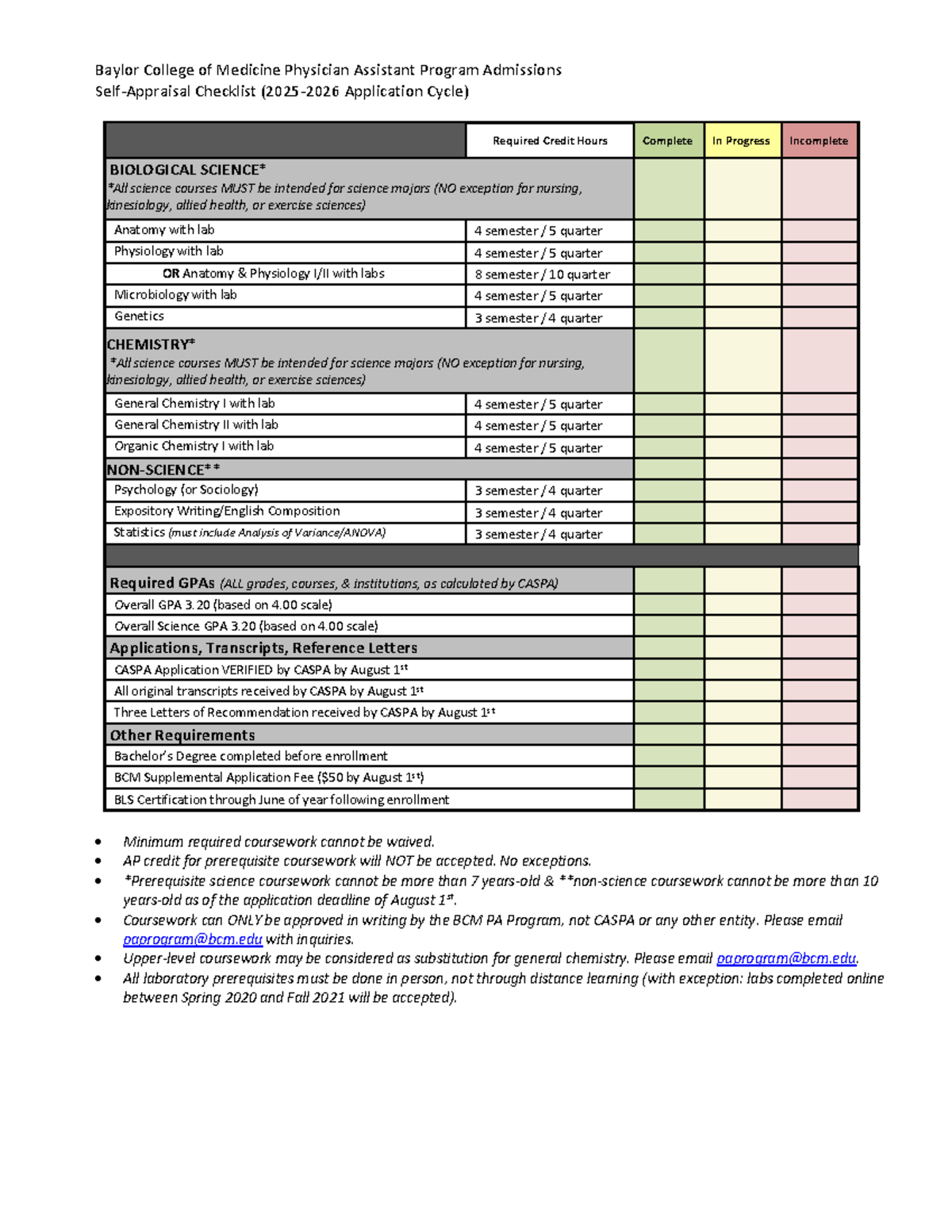 Baylor College of Medicine PA Program Admissions Checklist 2025-2026 ...