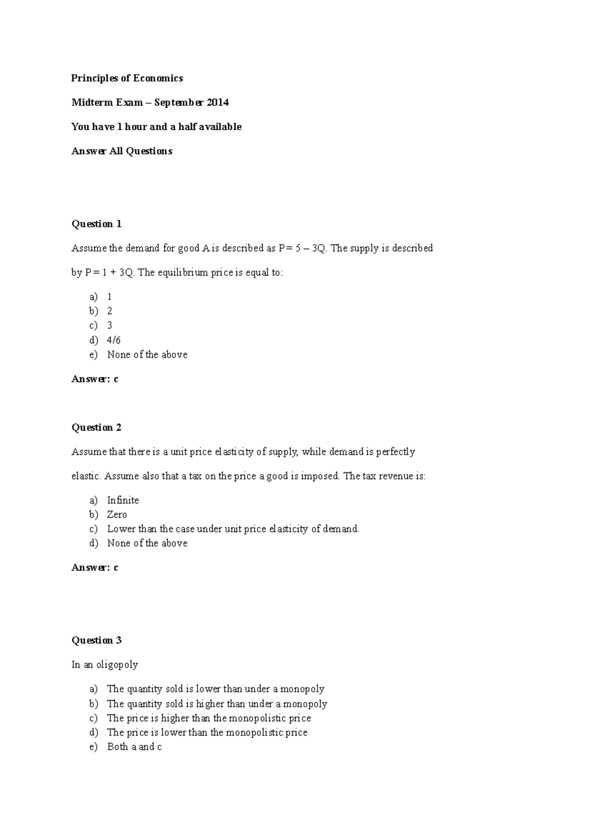 ECO 201 Midterm Exam 2014: Questions and Answers Analysis - Studeersnel