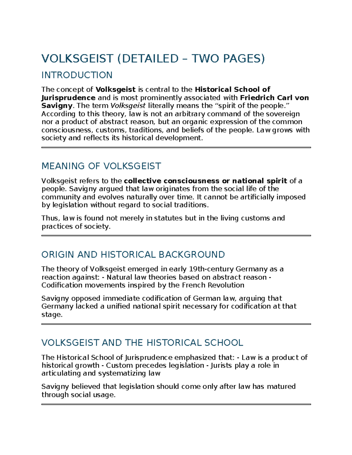 Volksgeist: Detailed Notes on Historical Jurisprudence (2 Pages) - Studocu
