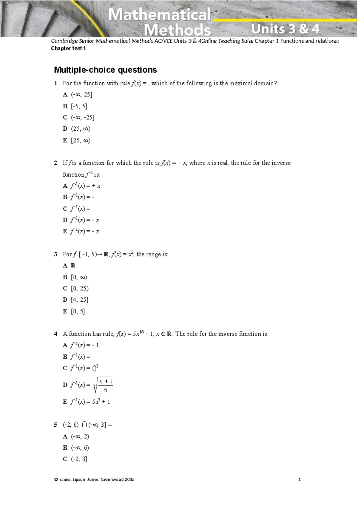Chapter test 01 T1 - Multiple-choice questions 1 For the function with ...
