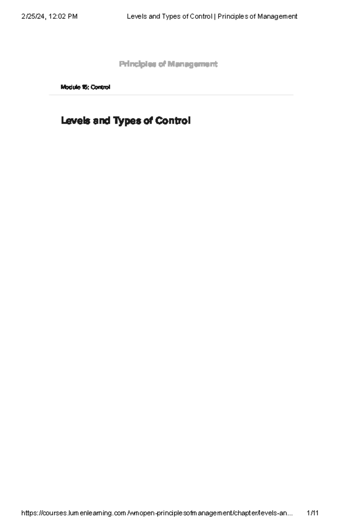 Principles of Management: Levels & Types of Control (Module 15) - Studocu