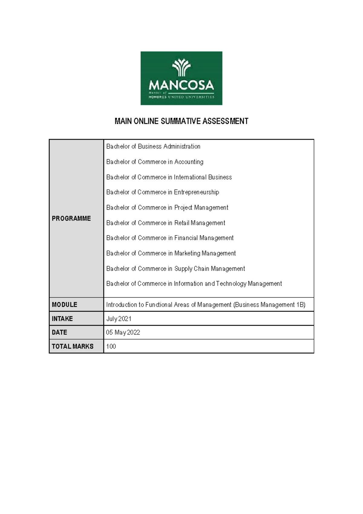 Introduction to Functional Areas of Management 1B Exam Paper - May 2022 ...