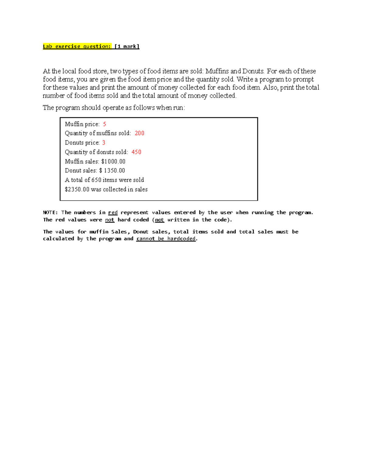 Lab Exercise 1: Practical on Arrays for Food Sales Calculation - Studocu