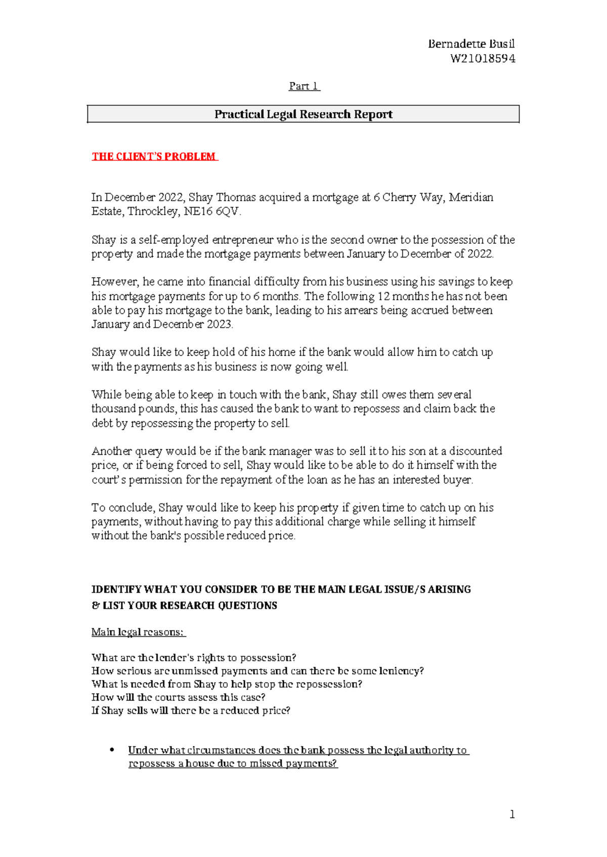 Practical Legal Research Report: Mortgage Arrears & Repossession Issues ...