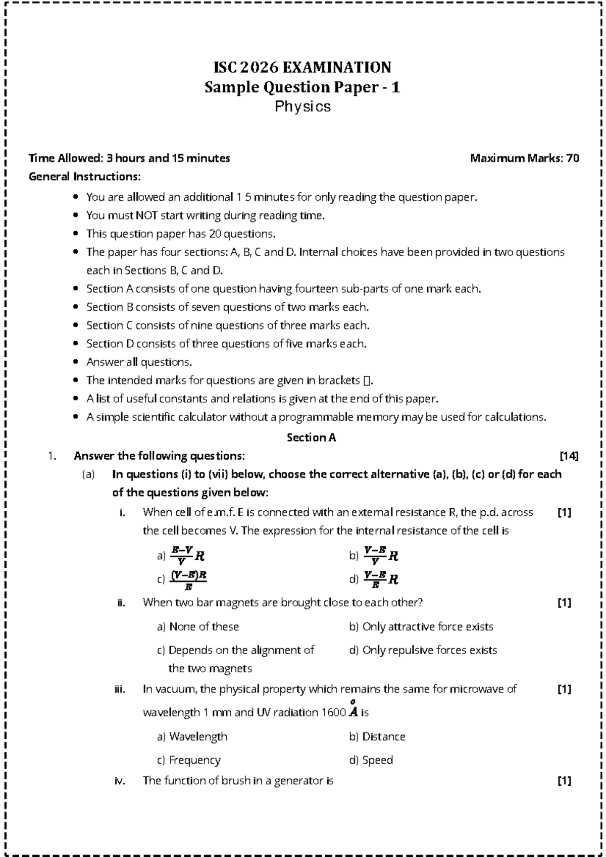 ISC 2026 PHYSICS Sample Question Paper 1 for Final Exam - Studocu