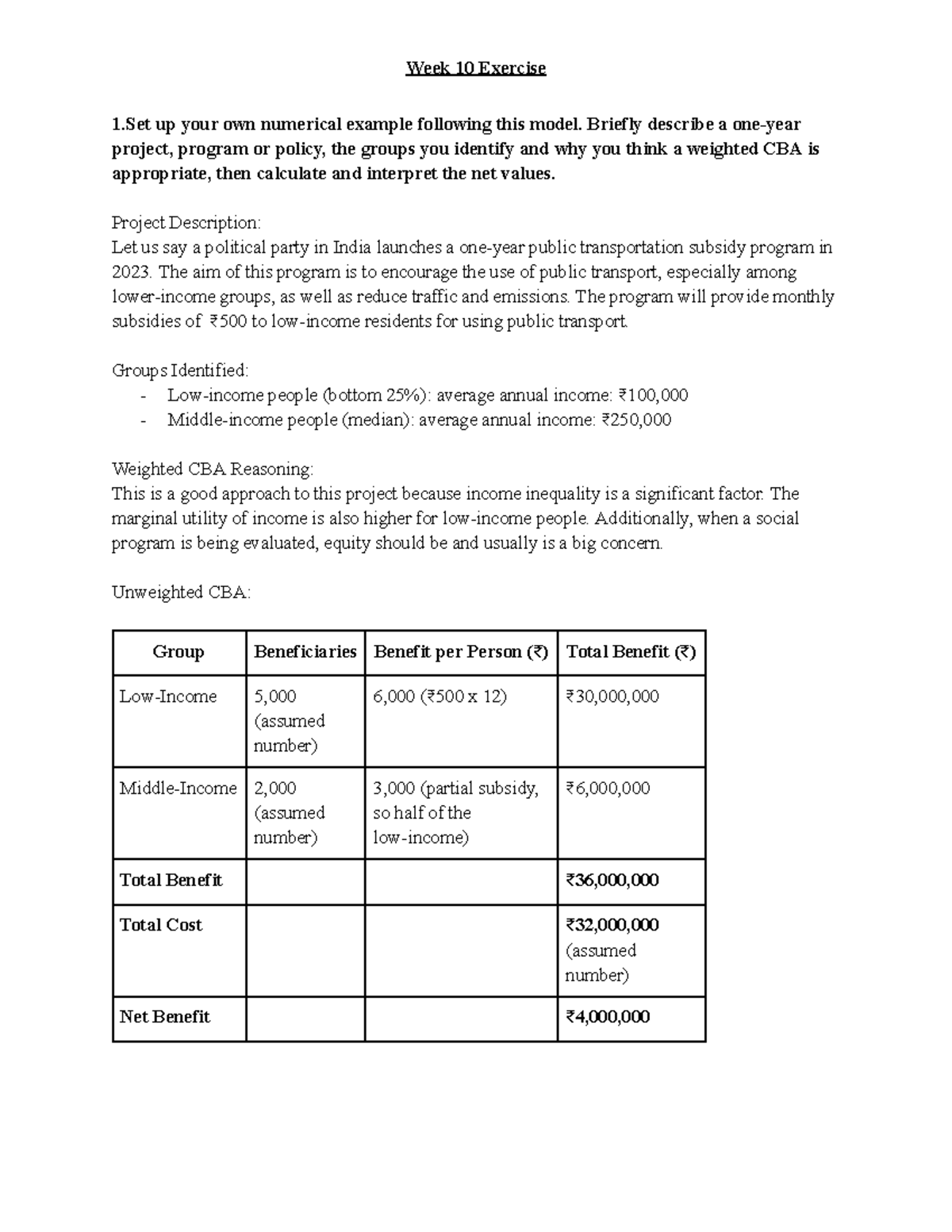 Week 10 Exercise: Weighted CBA for Public Transport Subsidy Program ...