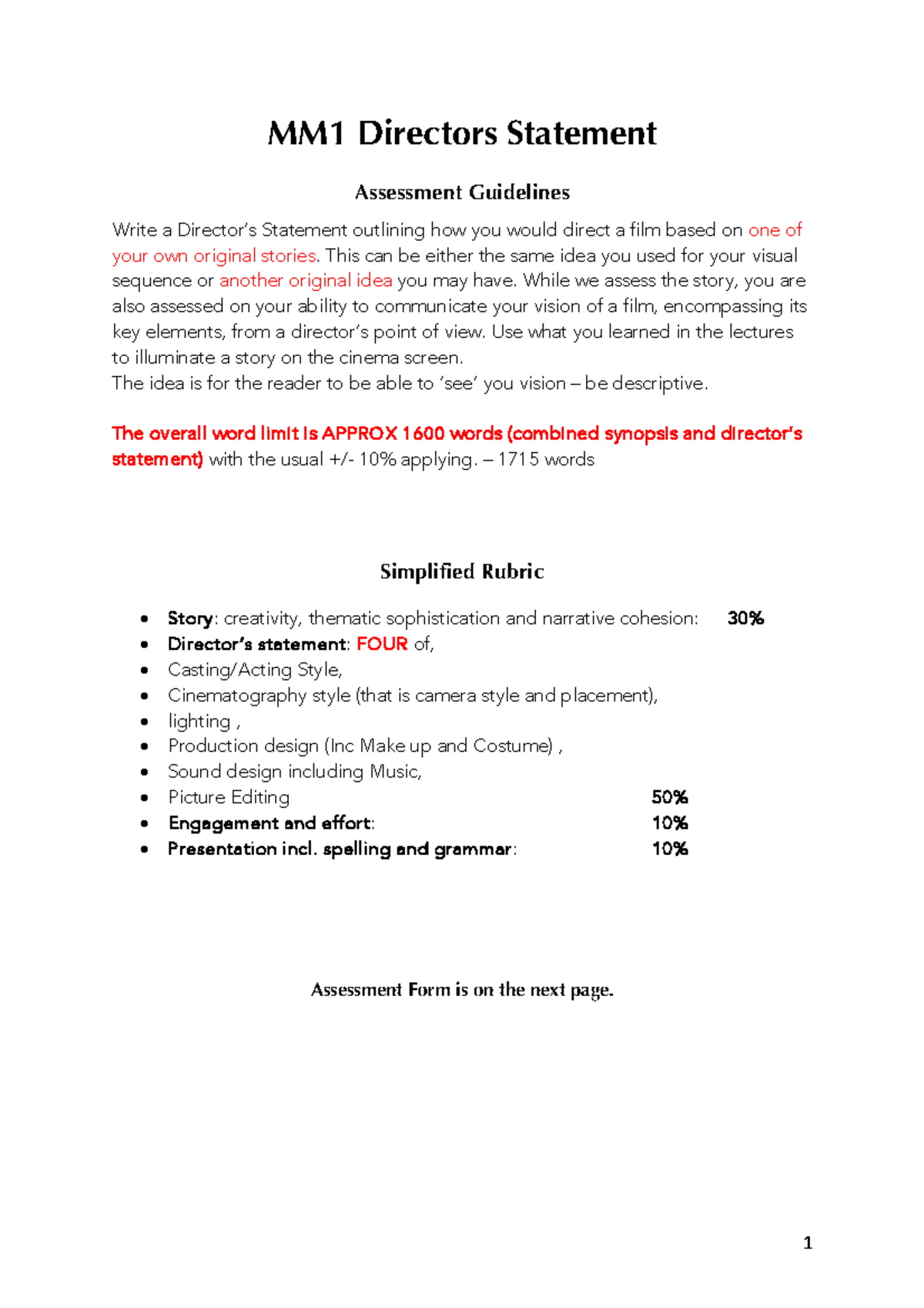 MM1 Directors Statement: Crafting a Film Vision for 