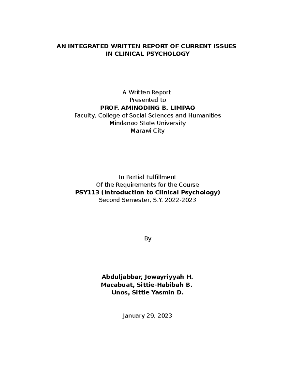 Current Issues in Clinical Psychology - AN INTEGRATED WRITTEN REPORT OF ...