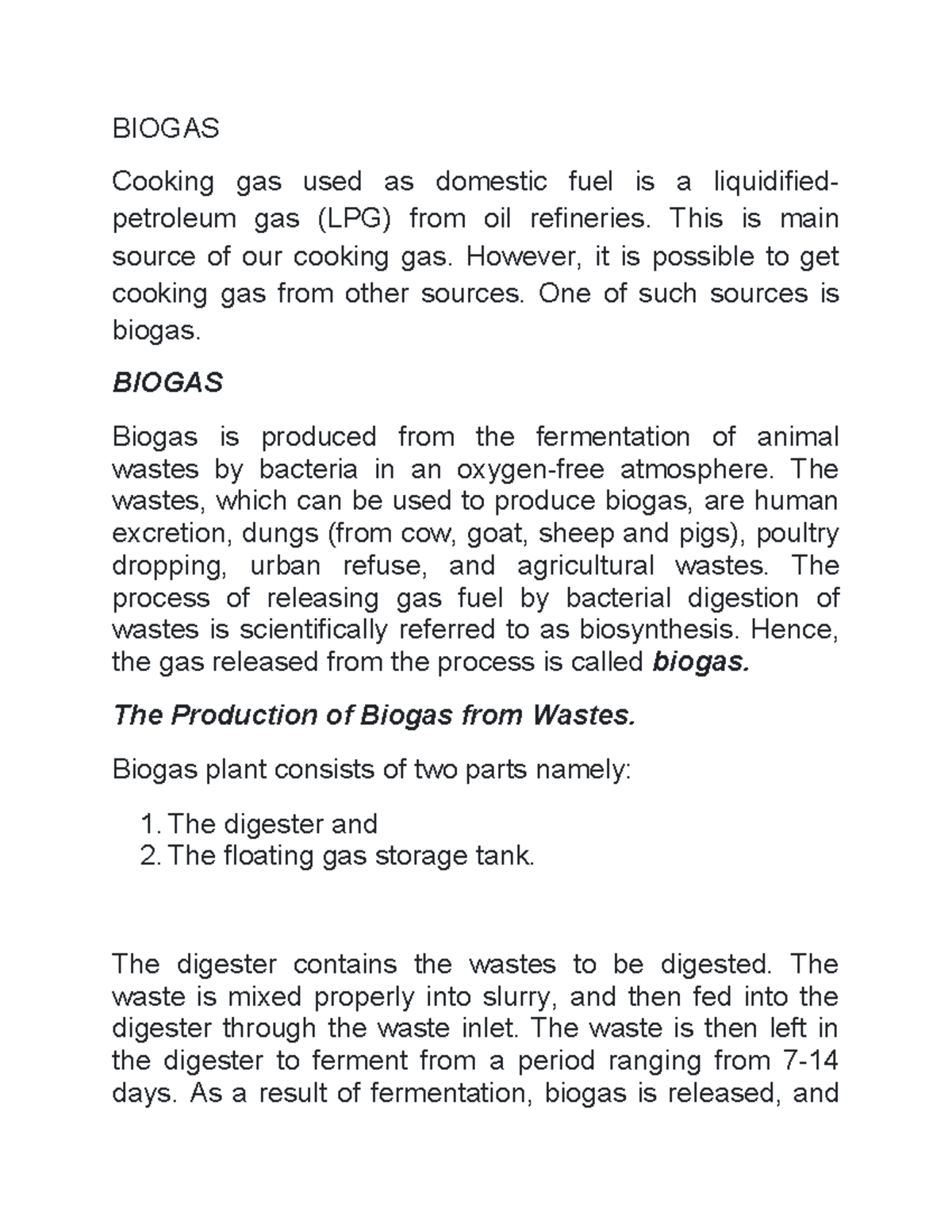 Biogas SS1 - Exploring Biogas as a Renewable Energy Source - Studocu