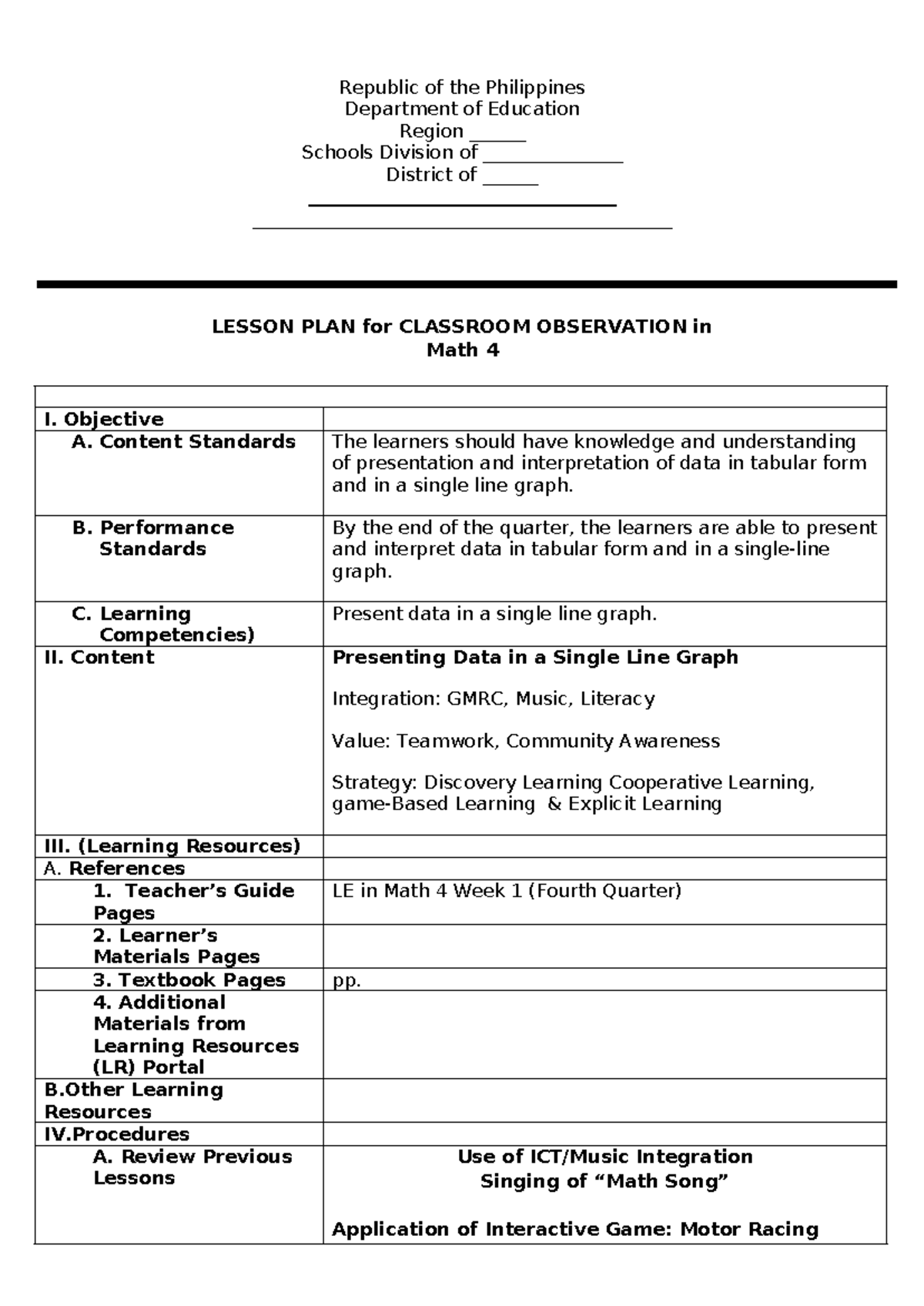DLP - MATH 4 - Lesson Plan on Presenting Data in a Line Graph - Studocu