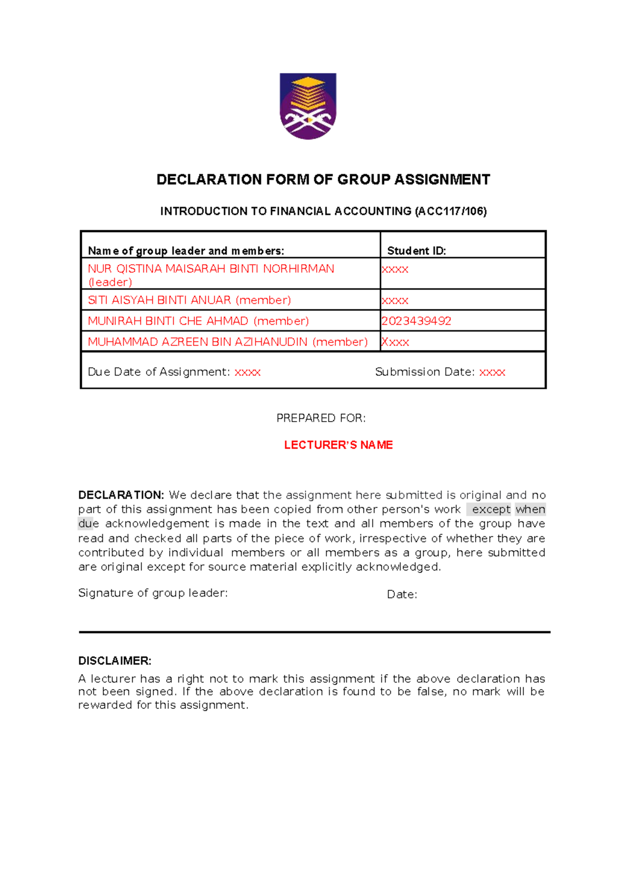 Group Assignment Declaration: Intro to Financial Accounting (ASG ACC ...