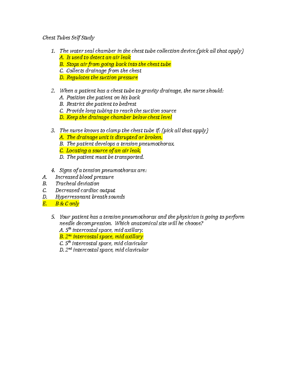 Chest Tubes Self Study Notes: Key Concepts and Questions - Studocu