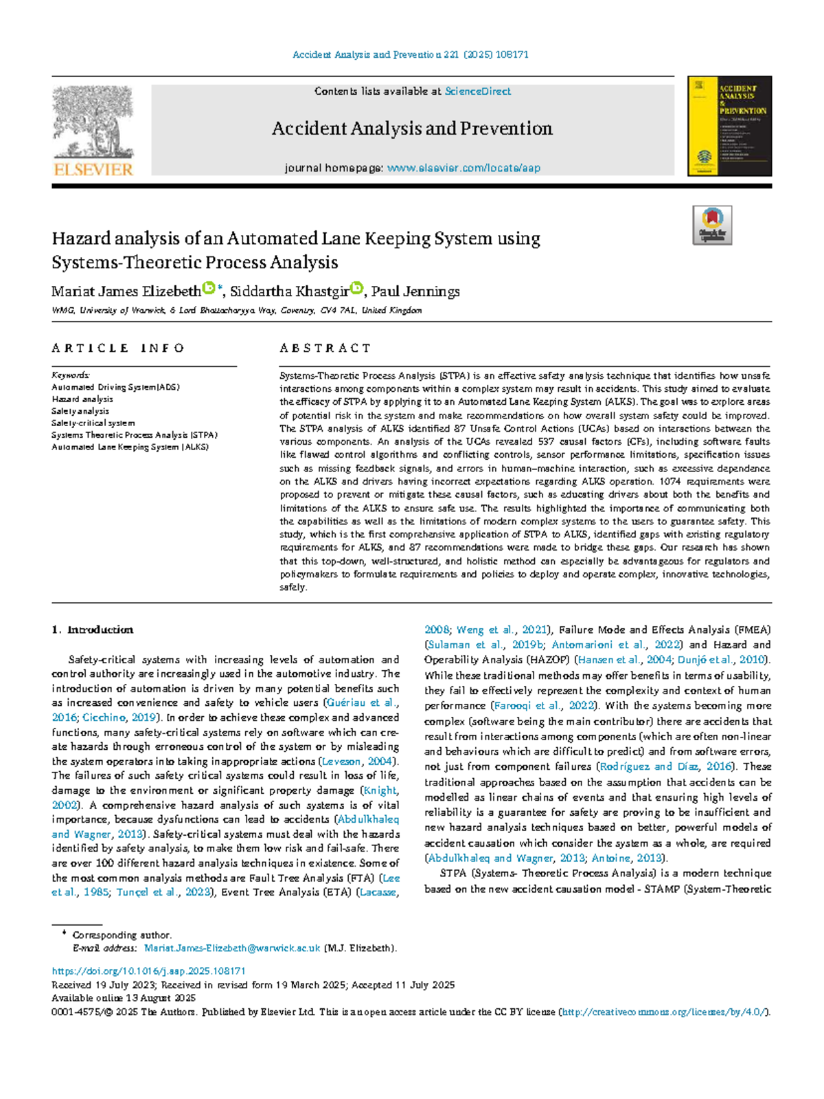Hazard Analysis of Automated Lane Keeping System (ALKS) Using STPA ...