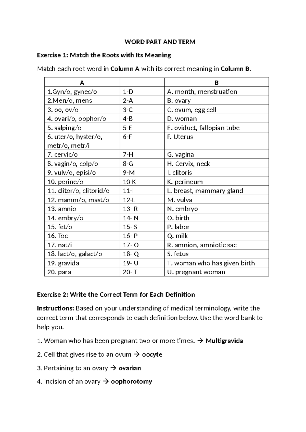 WORD PART AND TERM Exercise 1 & 2 - 1111 - Studocu