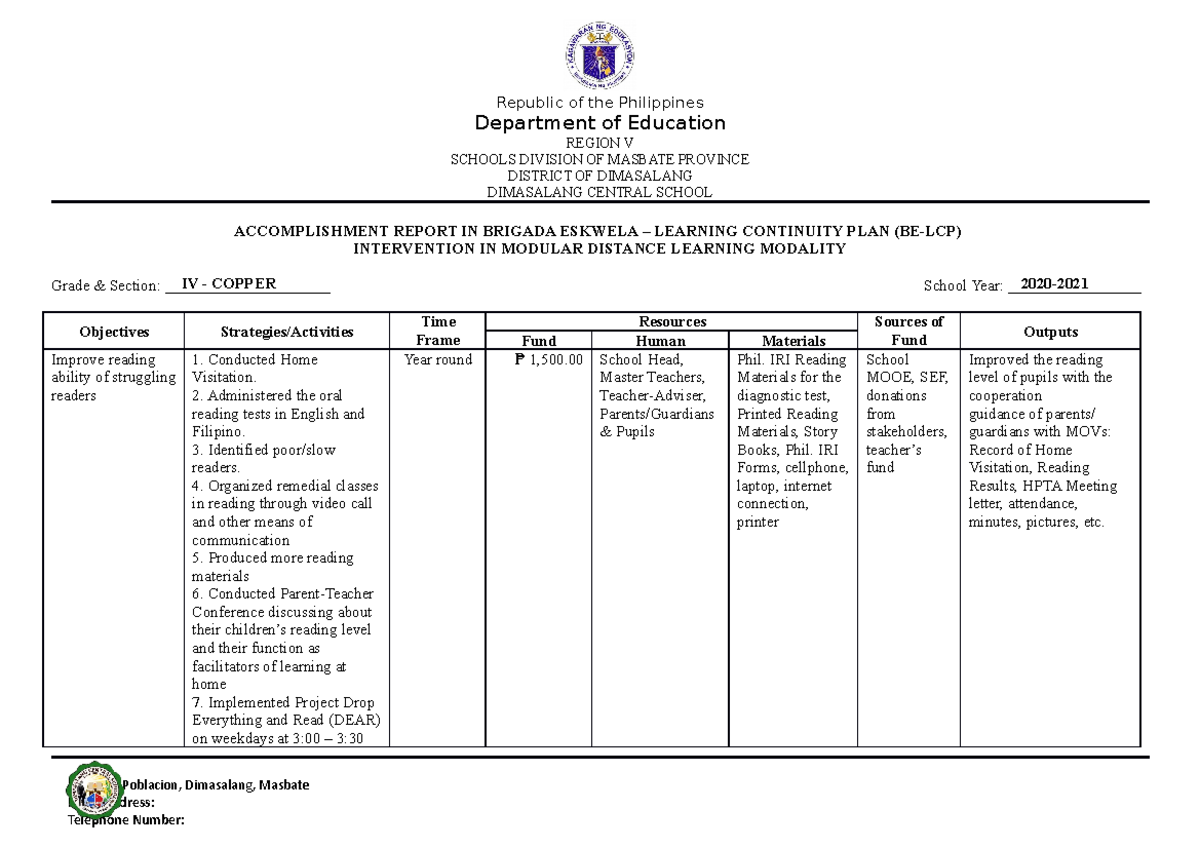 Accomplishment Report: Brigada Eskwela BE-LCP Intervention 2020 - Studocu
