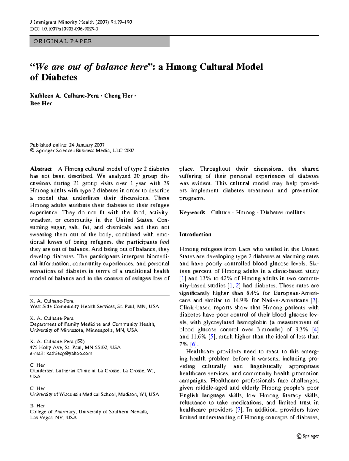 Hmong Cultural Model of Diabetes: Understanding Through Balance and ...