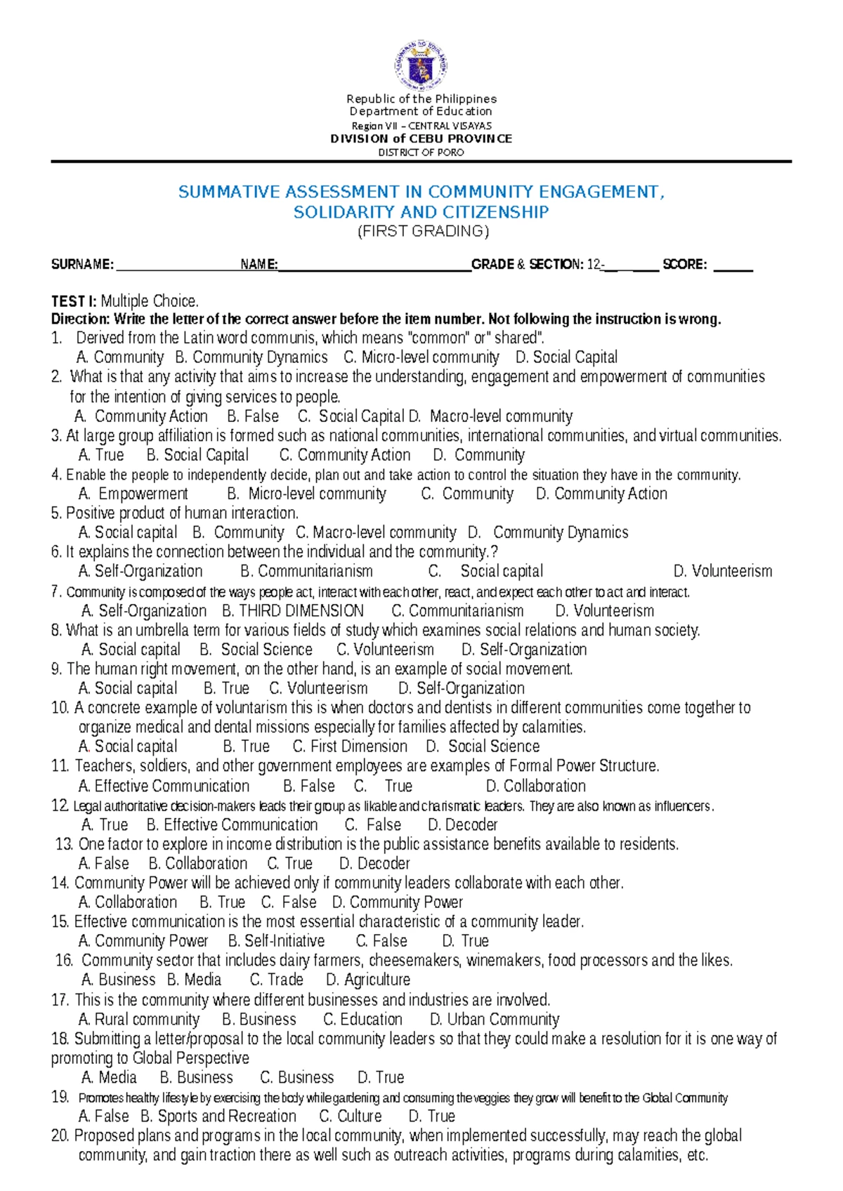 Summative Assessment EAPP 10 - First Grading - October 2023 - Studocu