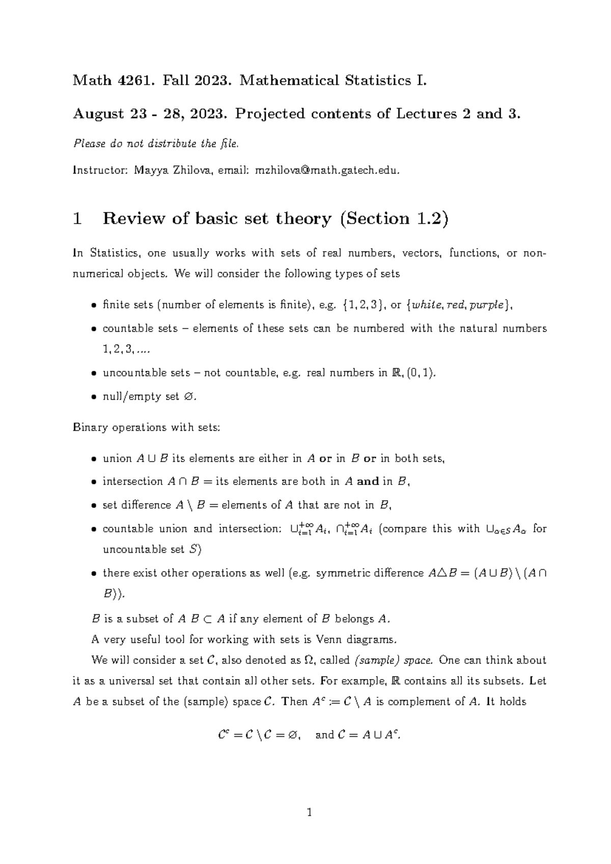 Math 4261 Fall 2023 Lecture 2 and 3 Projected Contents Notes - Studocu