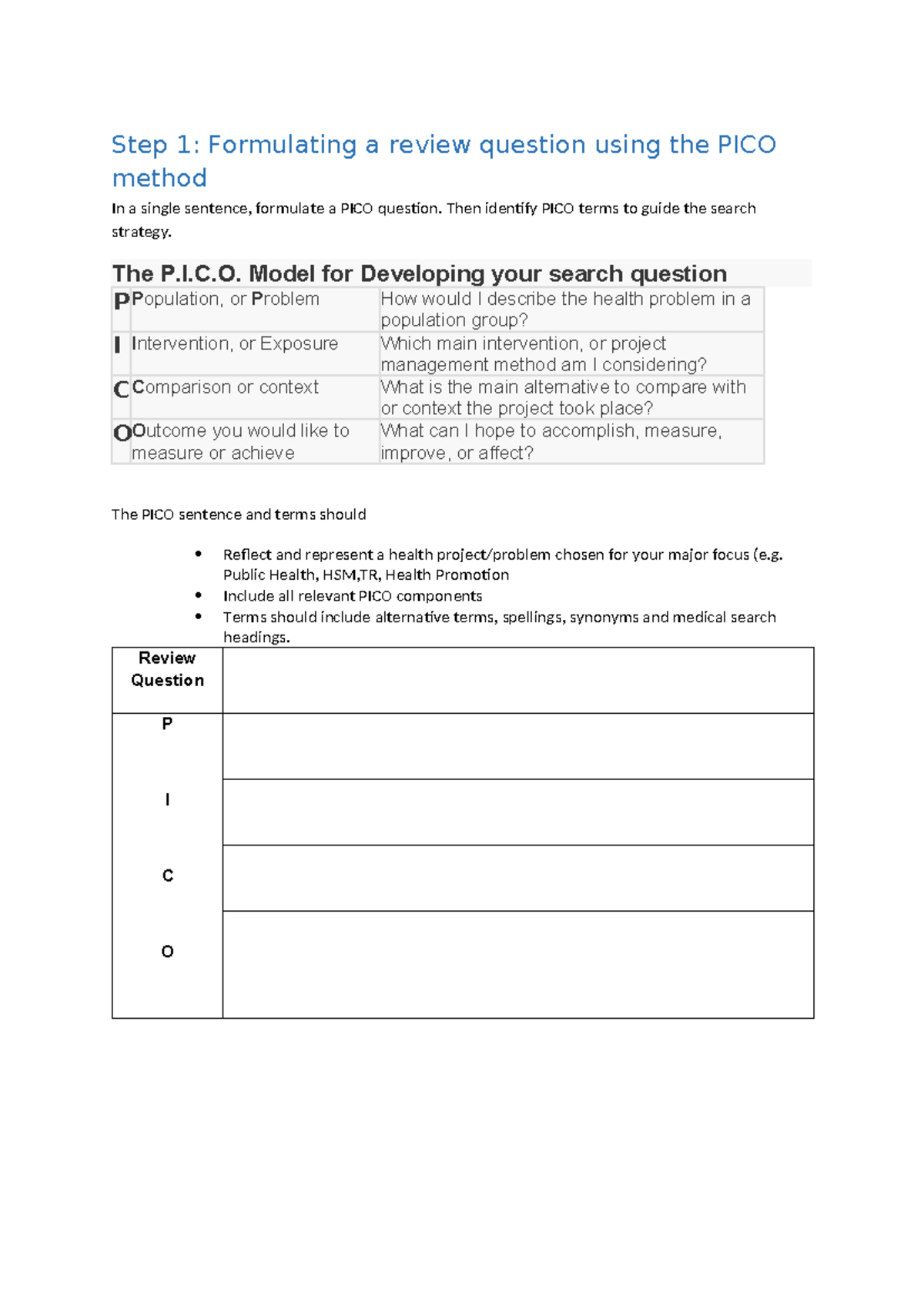 PUBH 3028 PICO Question Development Template for Health Projects - Studocu