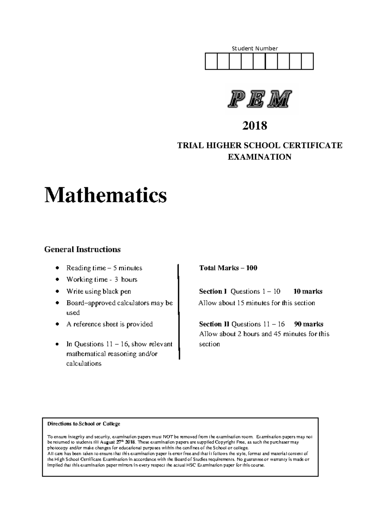 PEM 2018 Mathematics Trial HSC Exam Paper - Studocu