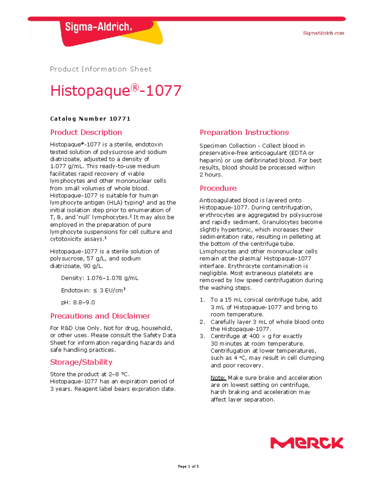Histopaque 10771 - Product Info & Preparation Instructions - Studocu
