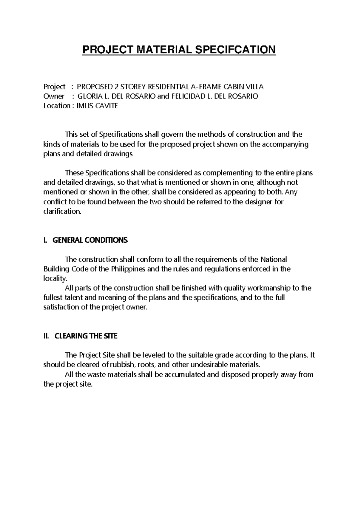Project Material Specifications for Proposed 2-Storey Cabin Villa - Studocu