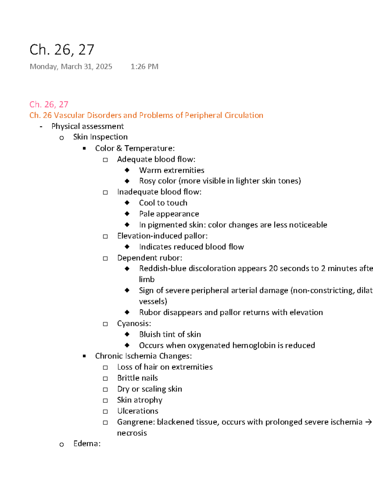 Ch. 26-27 Vascular Disorders & Peripheral Circulation Assessment Notes ...