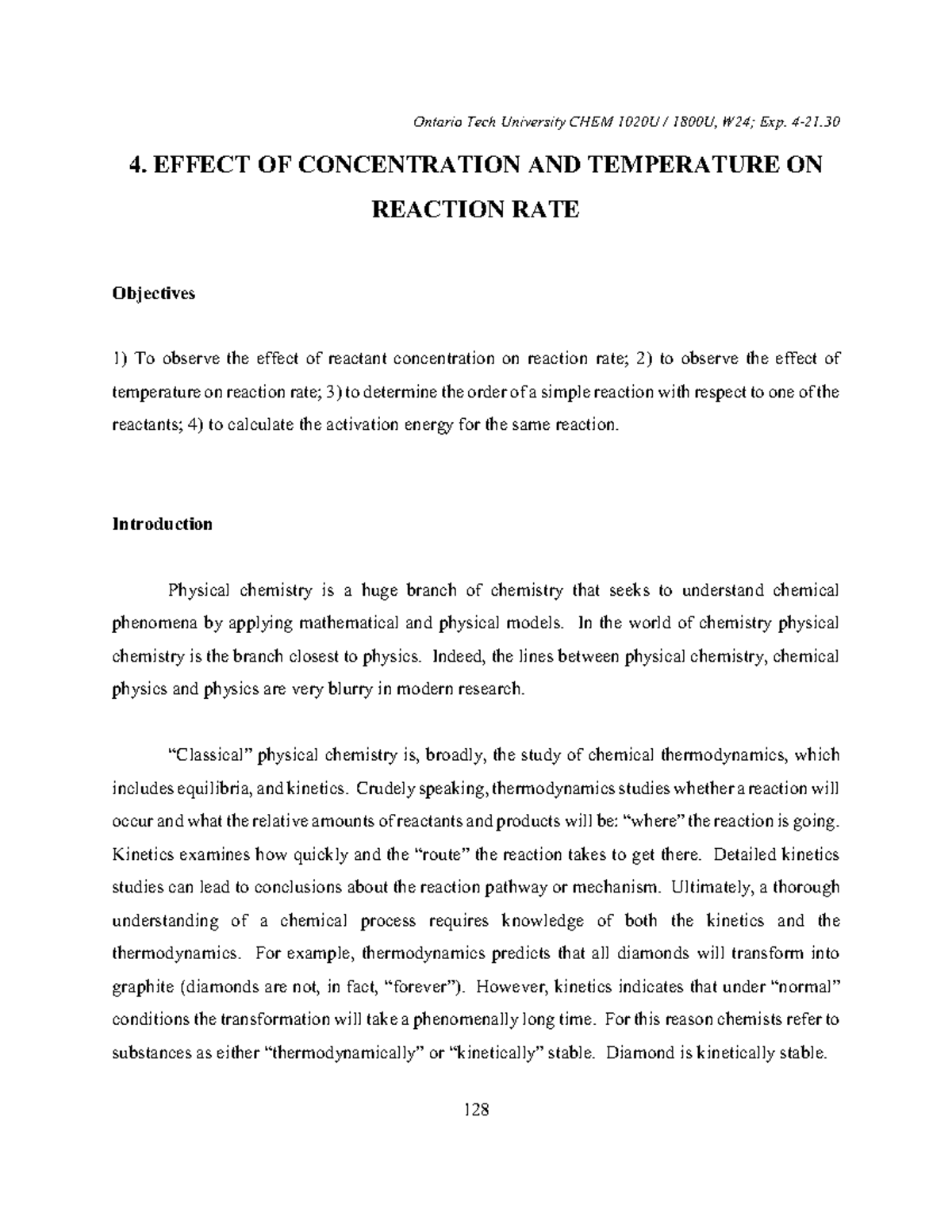 CHEM 1800 Lab 4: Effect of Concentration & Temp on Reaction Rate - Studocu