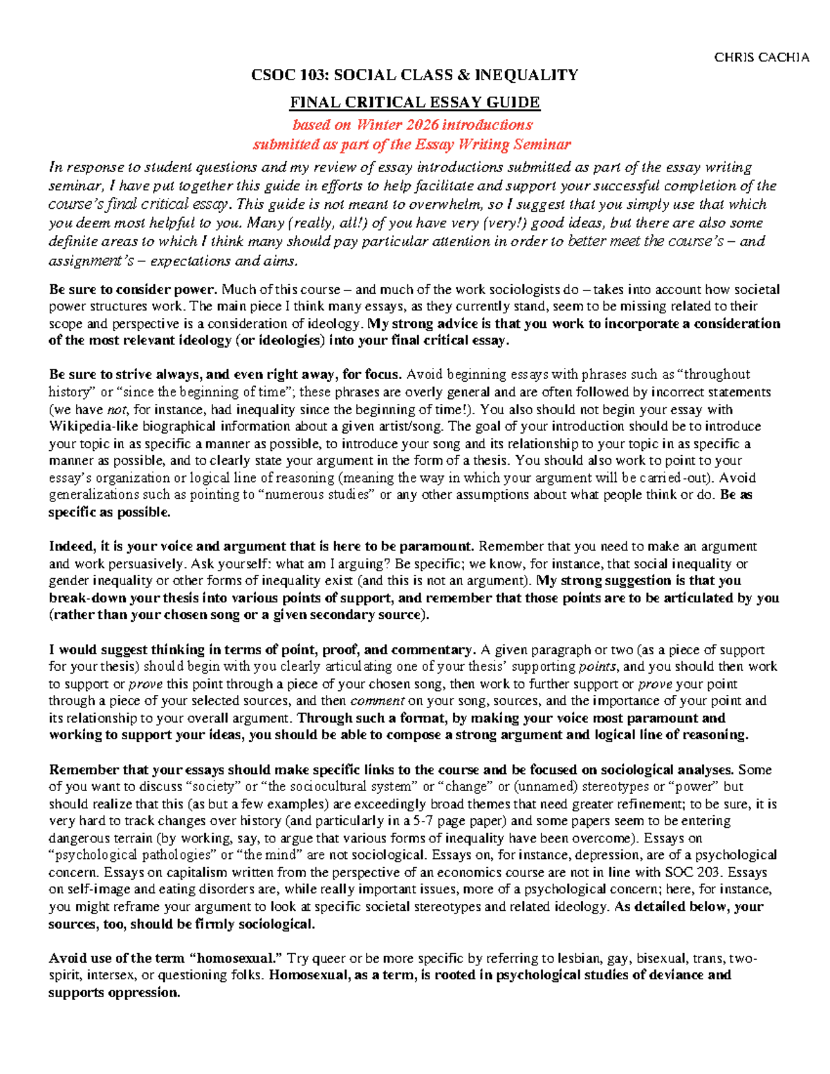 CSOC 103: Final Critical Essay Guide on Social Class Inequality - Studocu