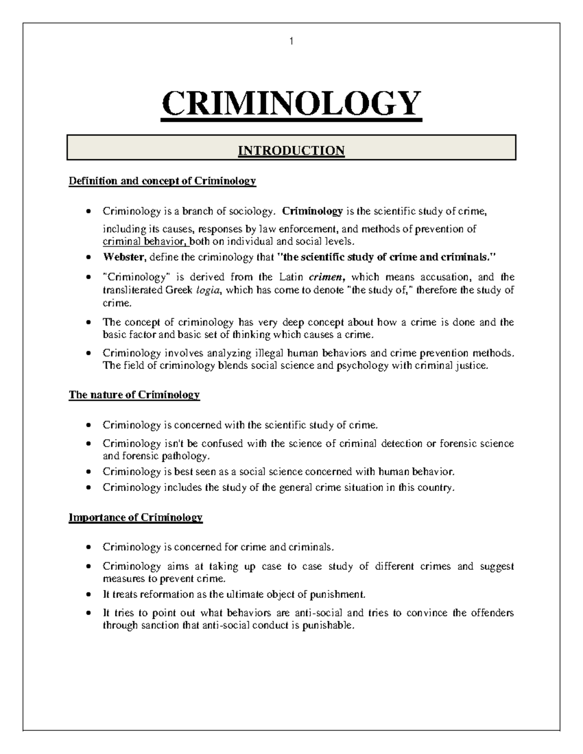 CRIM 101: Introduction to Criminology - Concepts and Definitions - Studocu