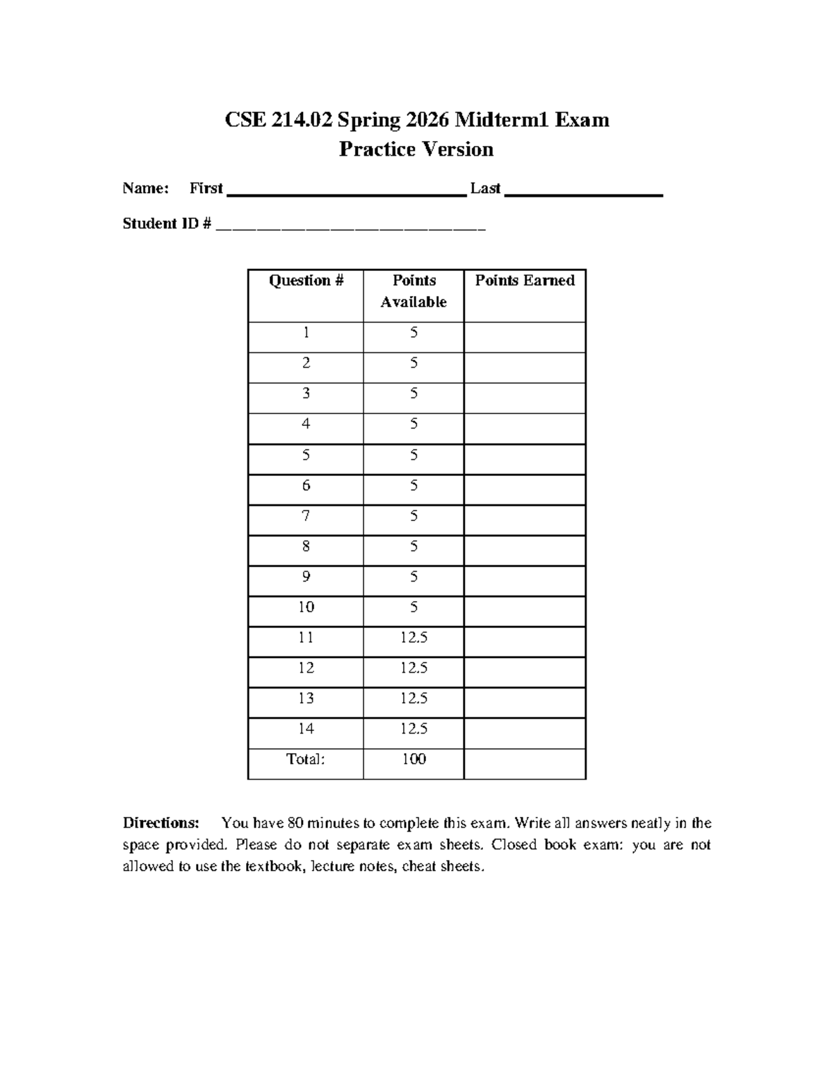 CSE 214.02 Spring 2026 Midterm 1 Exam Practice Questions - Studocu