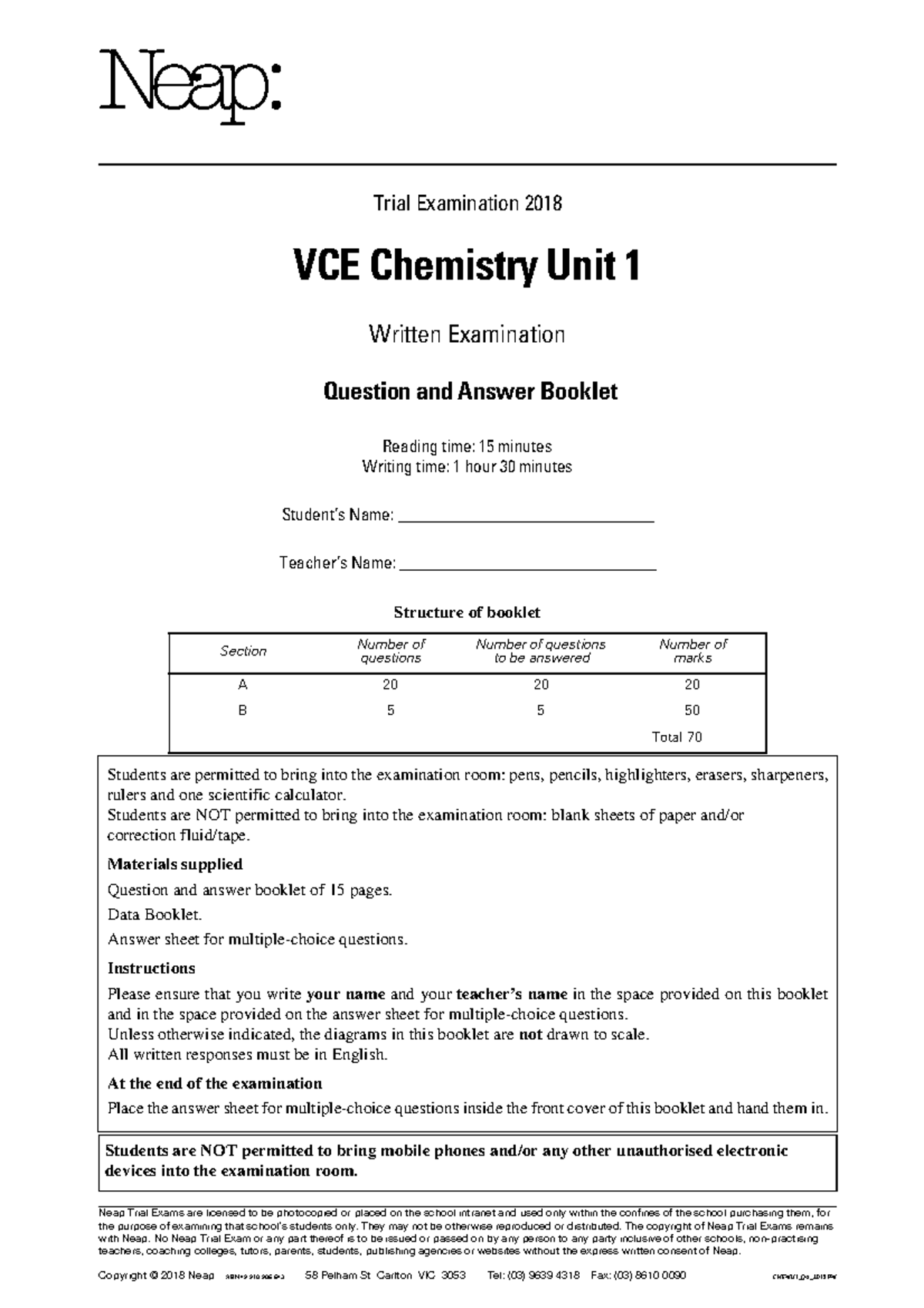 VCE Chemistry Unit 1 2018 Trial Exam Question & Answer Booklet - Studocu