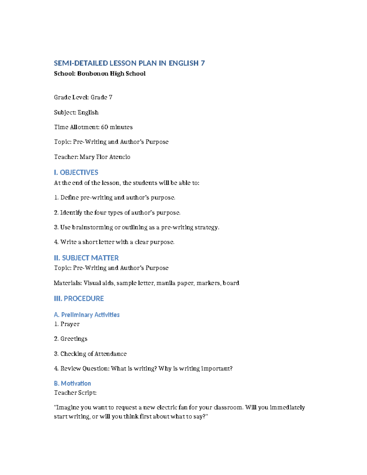 Grade 7 English Lesson Plan: Understanding Author's Purpose - Studocu